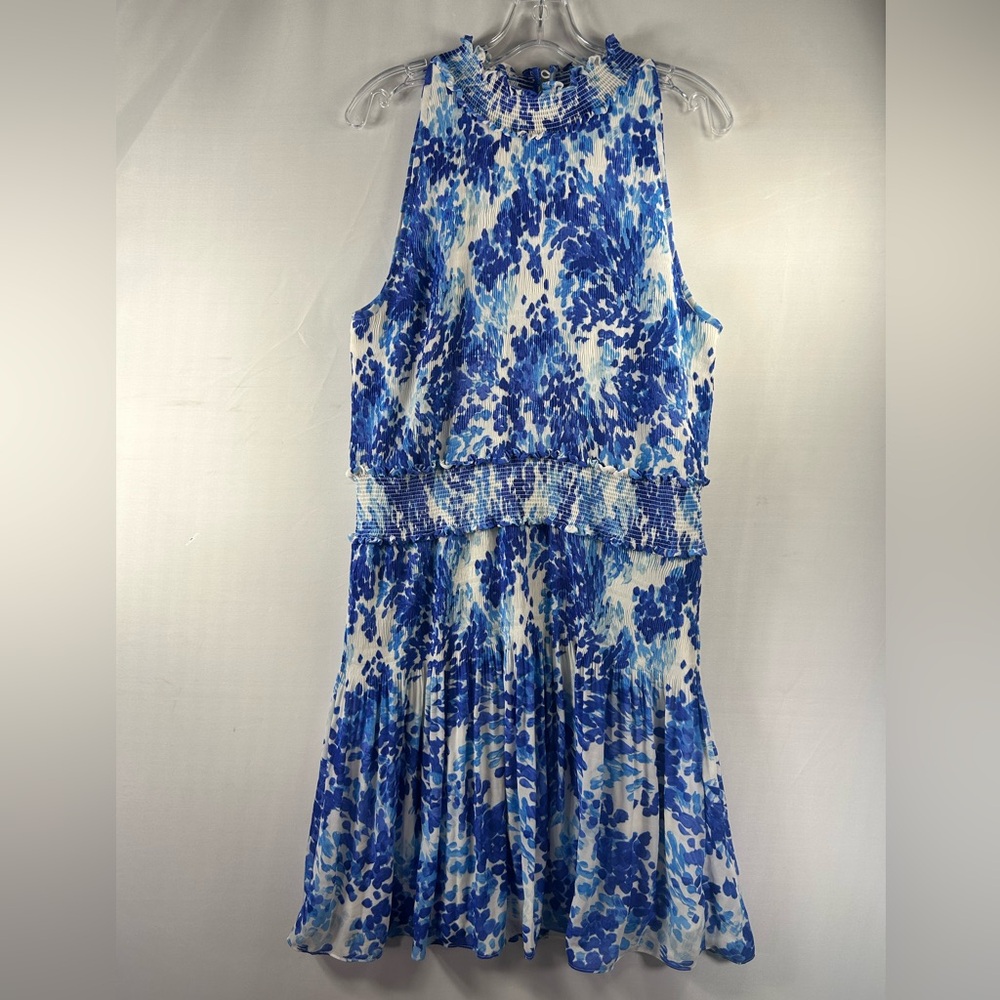 Chic Blue and White Patterned Smocked Midi Dress
